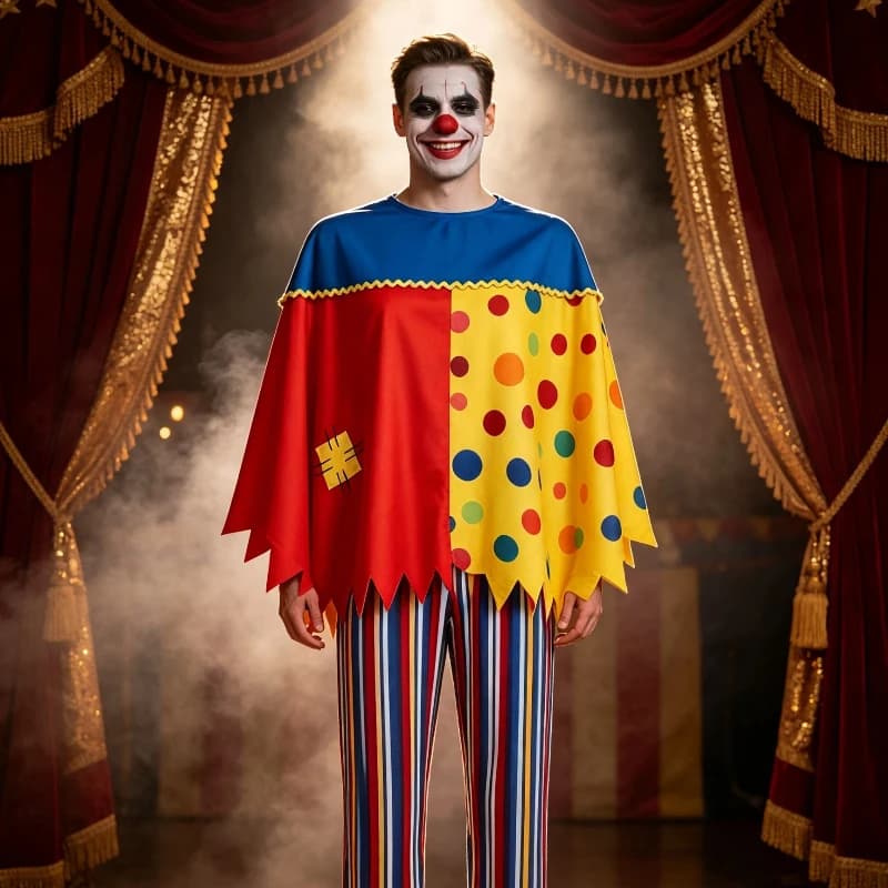Costume de Clown Adulte pour Cosplay, Ensemble Cape à Pois et Pantalon Rayé Bicolore, Idéal pour Halloween, Cirque, Carnaval et Spectacles Scéniques
