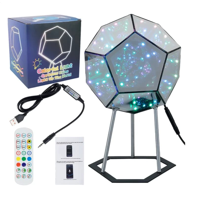 Veilleuse LED géométrique de rêve avec support, lumière d'art miroir dodecaèdre infini, cadeaux créatifs de Noël et d'anniversaire