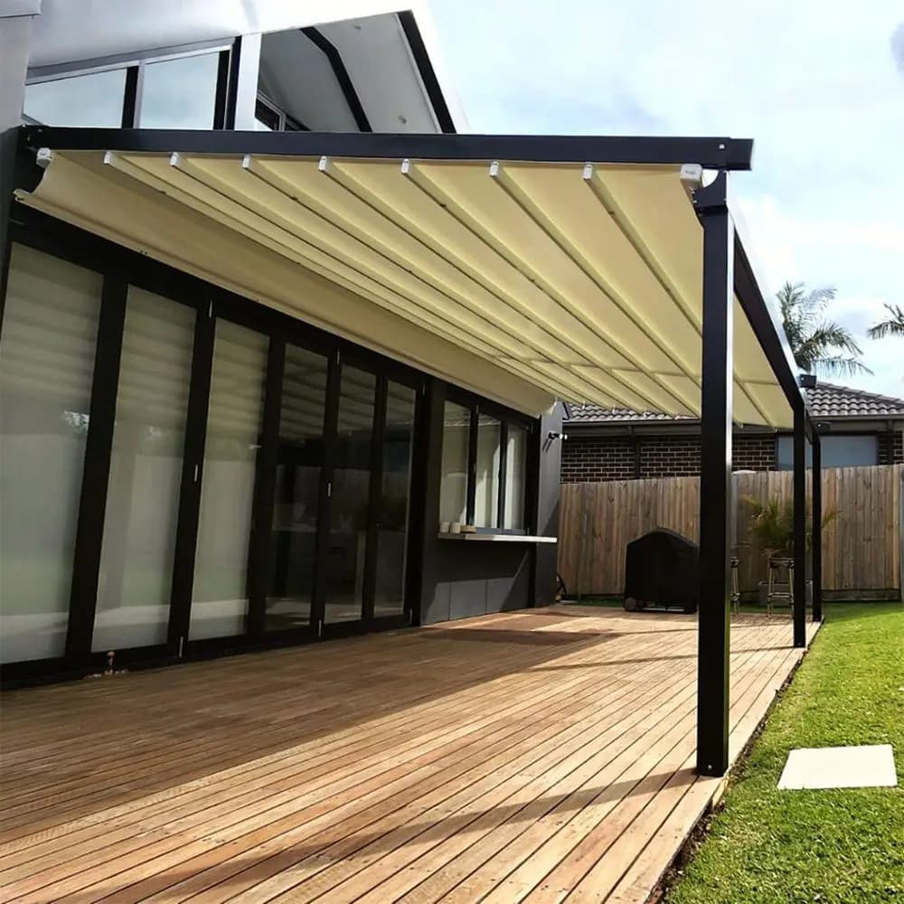 Pergola rétractable moderne, auvent imperméable en PVC, aluminium thermolaqué, résistant aux UV, pare-soleil extérieur écologique