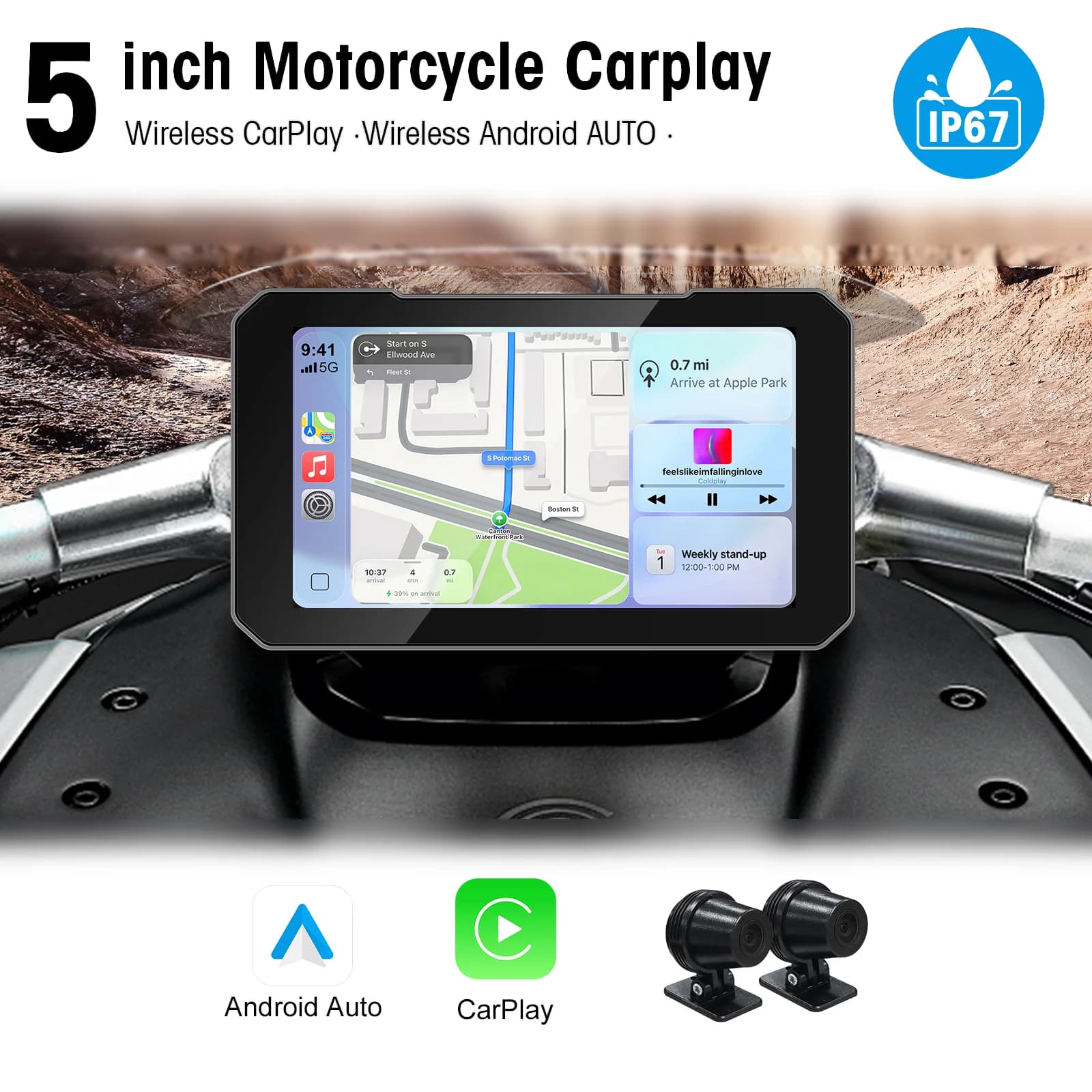 EzoneTronics Écran de moto 5 pouces, DVR moto, navigation GPS, CarPlay sans fil, Android Auto, étanche IP67