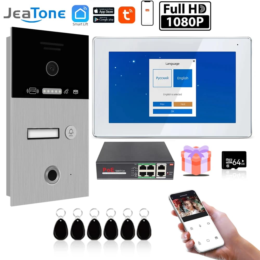 Jeatone 7 pouces Wifi interphone vidéo sonnette Tuya caméras pour appartement moniteur caméra Unitd avec empreinte digitale RFIC carte déverrouiller