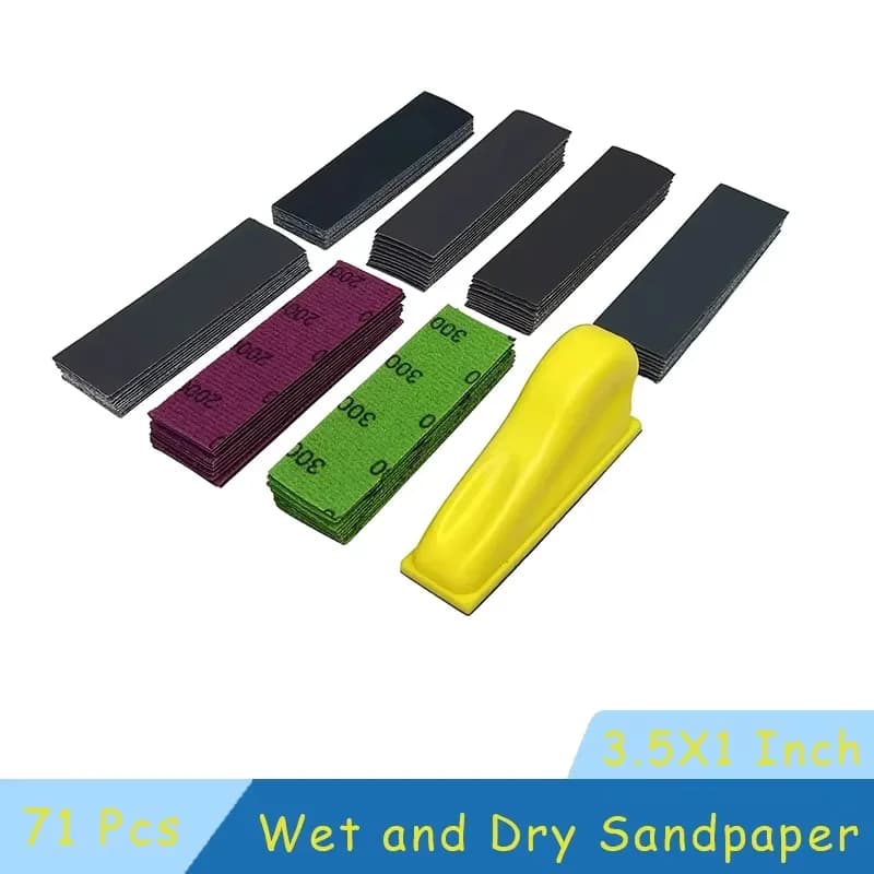 Kit de mini papier de verre 3,5" x 1" avec bloc de ponçage à crochet et boucle 71 pièces assorties 400/600/800/1000/1500/2000/3000 grains pour le polissage