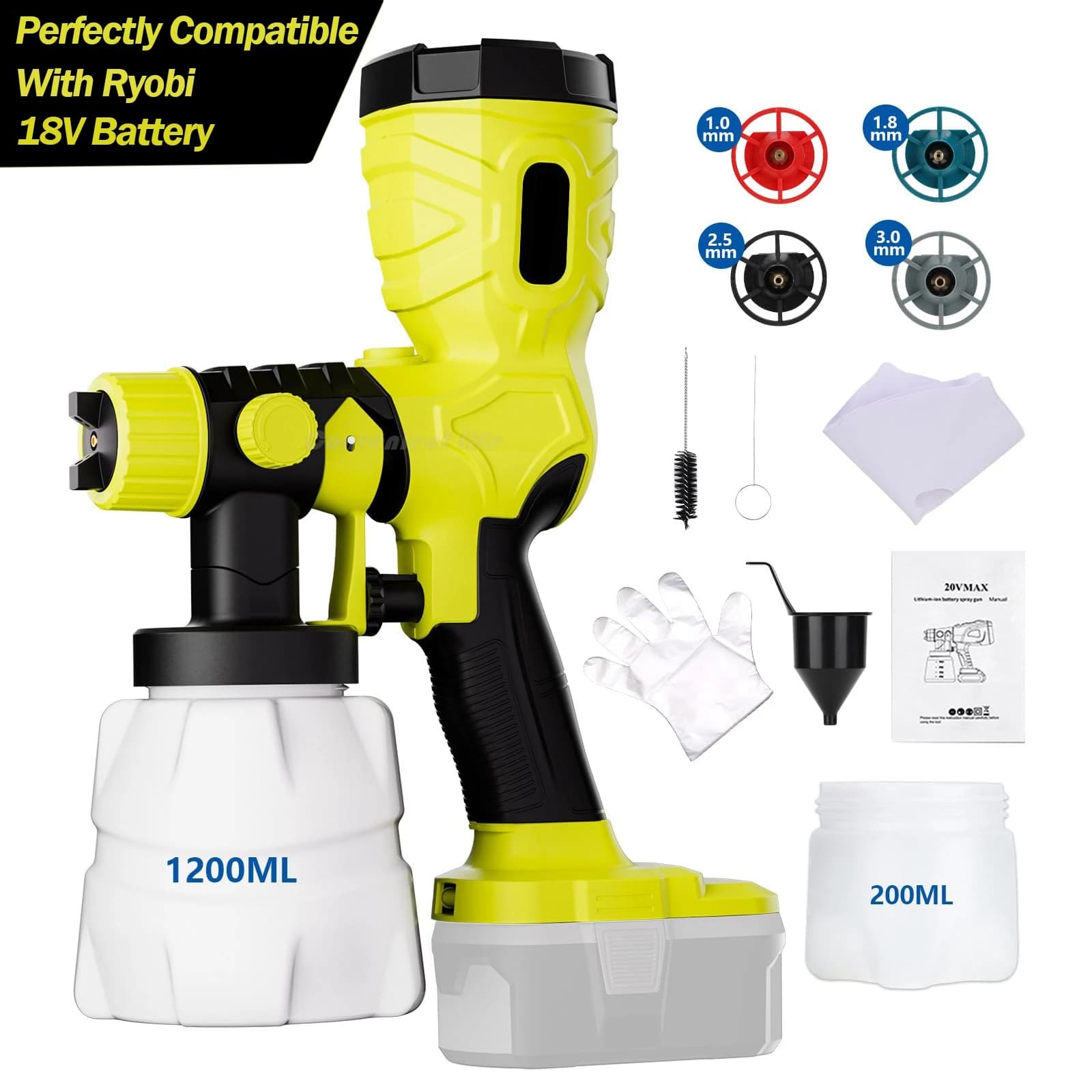 Pistolet de pulvérisateur de peinture sans fil pour batterie Ryobi 18V 42000rpm 1200ML Pistolet de pulvérisation électrique Kit d'aérobrosse automatique de moteur sans brosse de haute qualité pour la