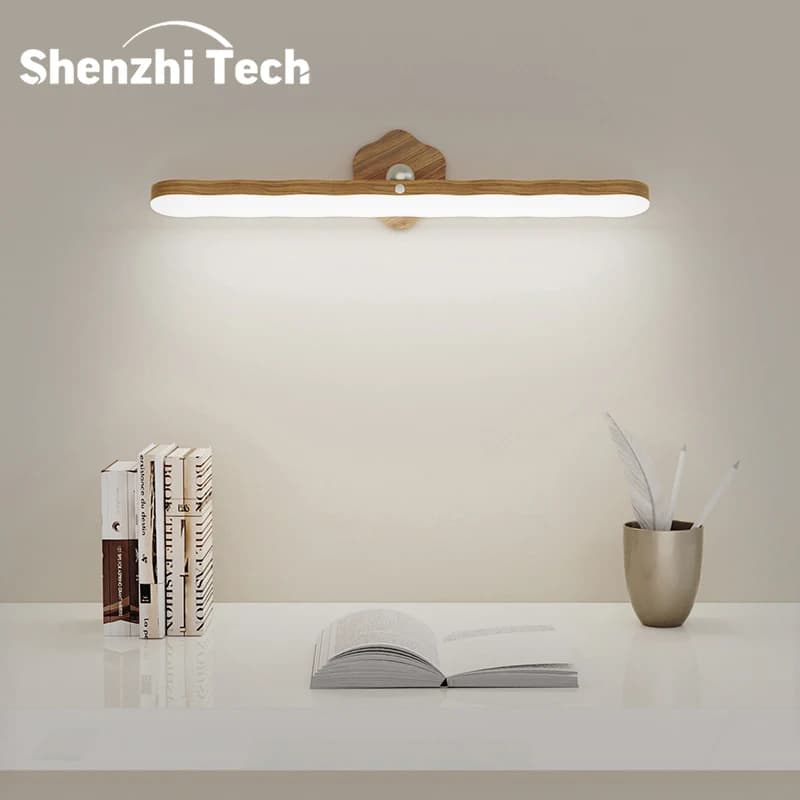 Lampe murale magnétique rotative, sans perçage 360° ° Lampe de chevet rotative, lampe de lecture LED à effet bois, blanc chaud/blanc froid