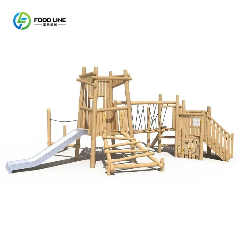 Aire de jeux pour enfants en bois résistant aux intempéries avec toboggans et escalades pour les espaces publics, les jardins, les écoles, l'extérieur, sur mesure