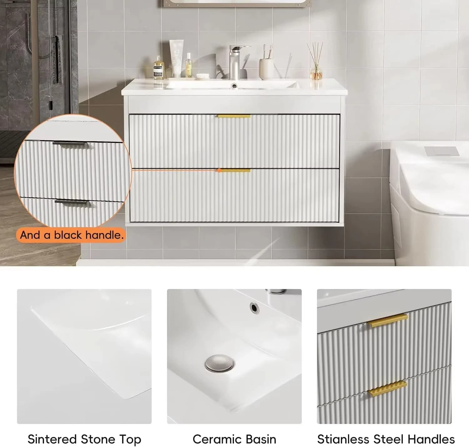 Salle de bain murale flottante 60-210 cm avec lavabo en céramique 2 tiroirs portes à fermeture douce - Vanités de salle de bain modernes avec lavabo
