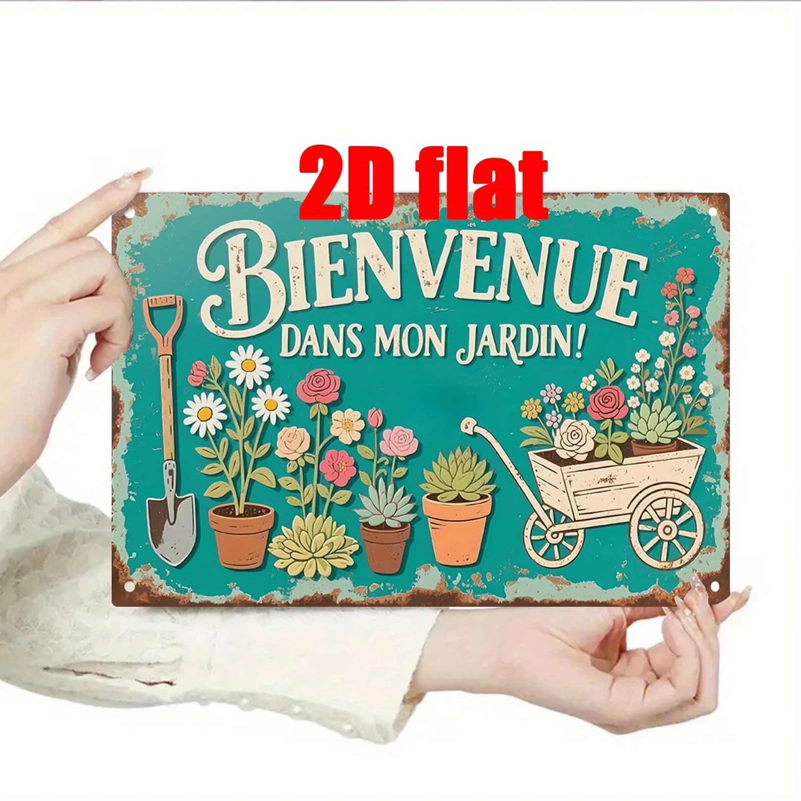 Panneau décoratif mural en métal « Bienvenue dans mon jardin » – Design floral et d'outils