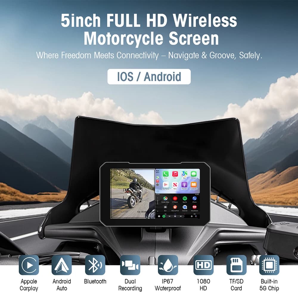 Écran d'affichage de Moto de 5 pouces, Carplay, Navigation, tableau de bord numérique Portable, Moto Android Auto