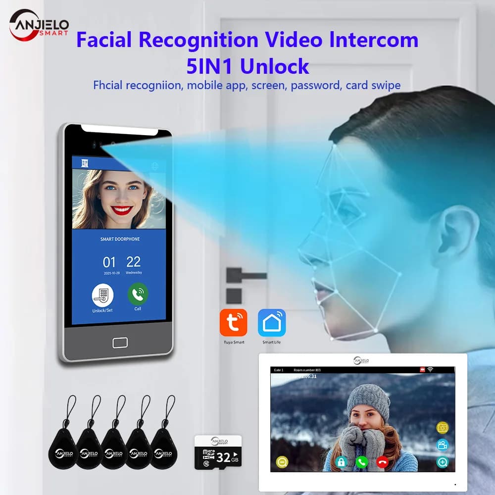 ANJIELO 5IN1TUYA déverrouillage intelligent AI reconnaissance faciale interphone vidéo sonnette intelligente Villas bâtiments de grande hauteur appartement bureau