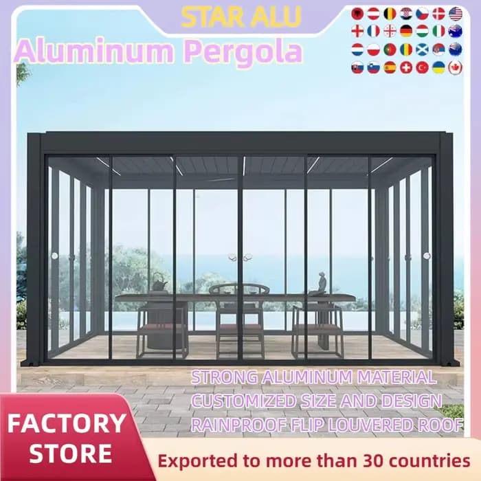 Pergola bioclimatique en aluminium, verre coulissant, étanche, forte capacité de transport de neige,