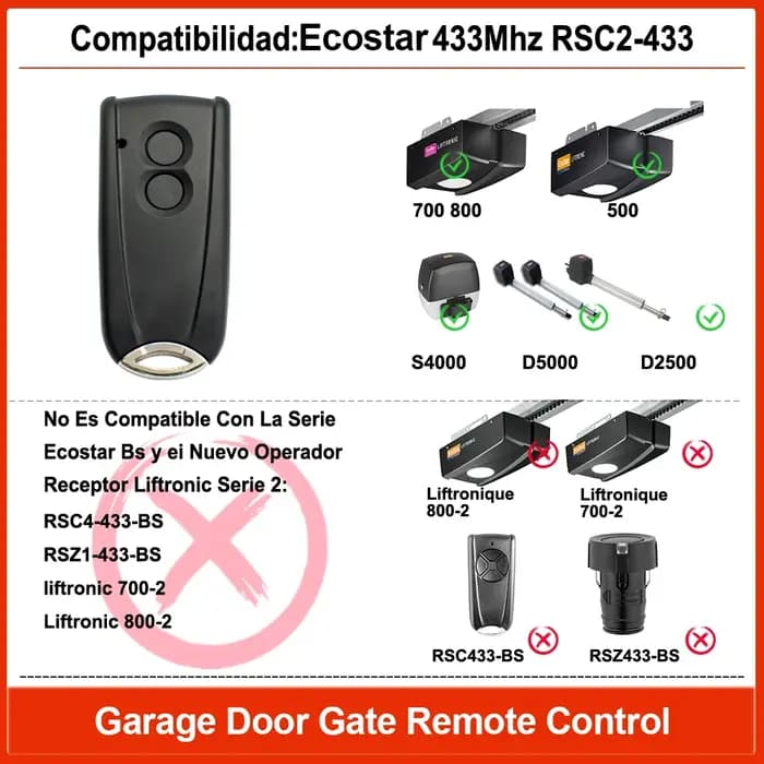 Télécommande Ecostar RSE2-433 RSC2-433 compatible avec les contrôleurs Liftronic 500 700 800 433 MHz
