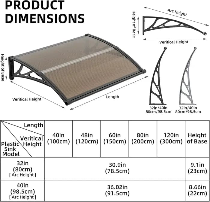 Grand auvent en polycarbonate pour entrées; Auvents et abris de protection contre la pluie et la neige pour patios et jardins; Panneaux marron