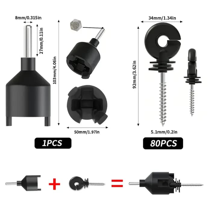 80 isolateurs de clôture électrique, 1 kit d'outils d'installation, isolateurs de poteau à clipser en plastique pour poteaux en T et poteaux en bois, pour fermes et ranchs