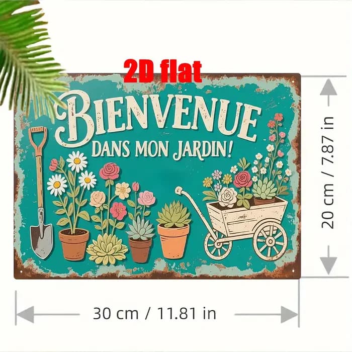 Panneau décoratif mural en métal « Bienvenue dans mon jardin » – Design floral et d'outils