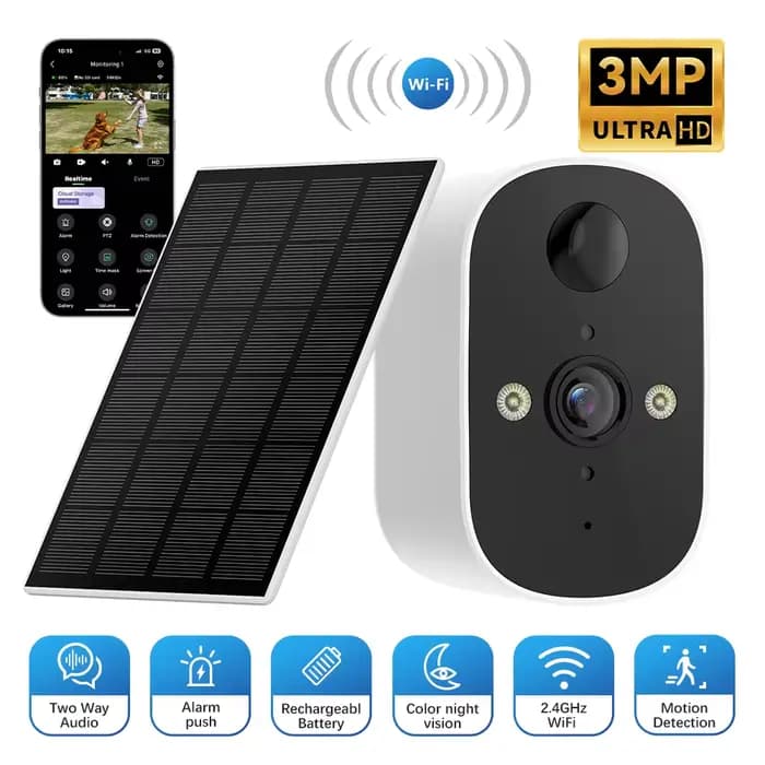 Caméra de sécurité solaire sans fil pour l'extérieur, 3MP, surveillance domestique, étanche IP65, vi