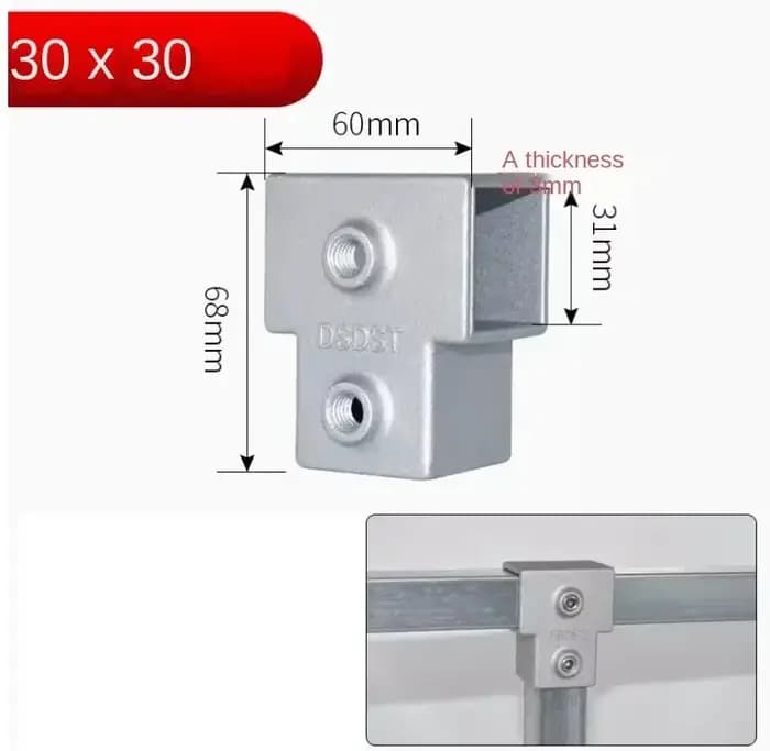 Pièce de connexion de Tube carré OD 30x30mm, coude en alliage d'aluminium, tuyau carré à trois voies
