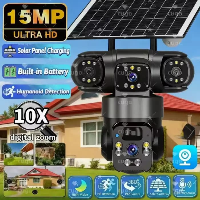 Caméra IP 15MP WiFi PTZ trois caméras extérieure sans fil solaire 20000Mah batterie intégrée