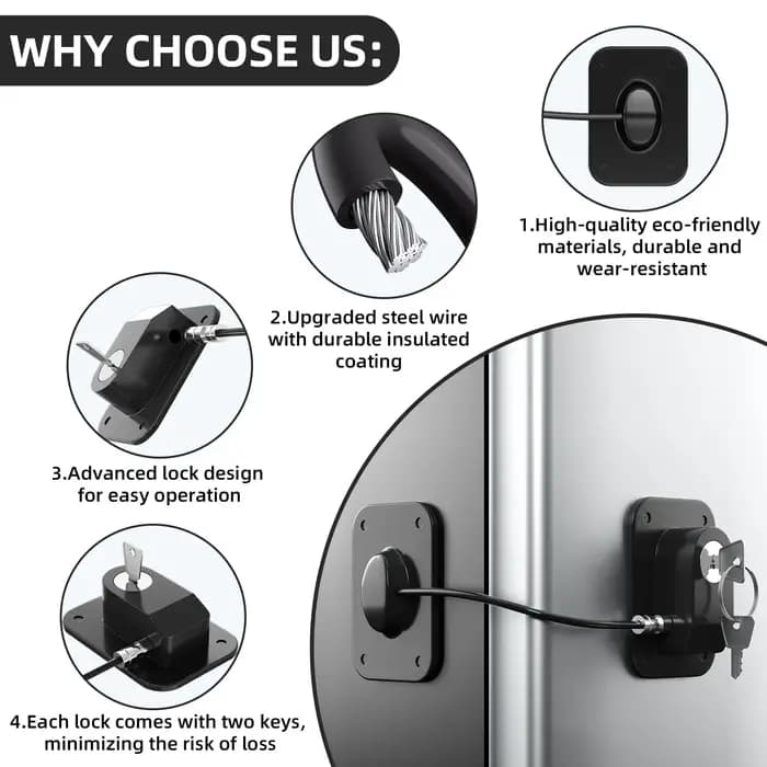Serrure de porte à câble noire avec clé – Barre de sécurité robuste pour portes de maison