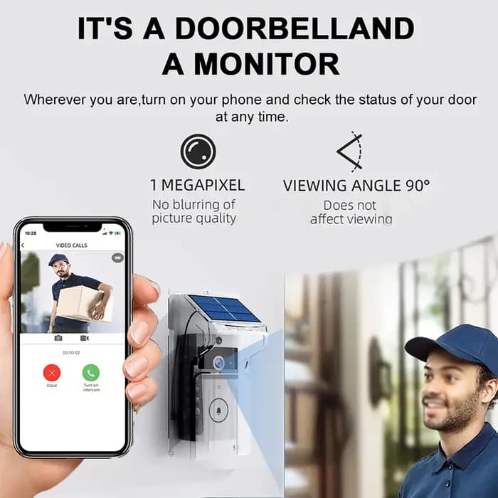 Sonnette sans fil extérieure étanche avec couverture solaire caméra WiFi porte numérique Peepholes interphone pour maison intelligente vidéo oeil anneau cloche