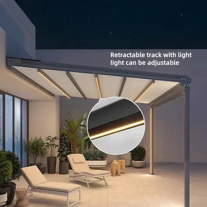 Pergola rétractable moderne, auvent imperméable en PVC, aluminium thermolaqué, résistant aux UV, pare-soleil extérieur écologique