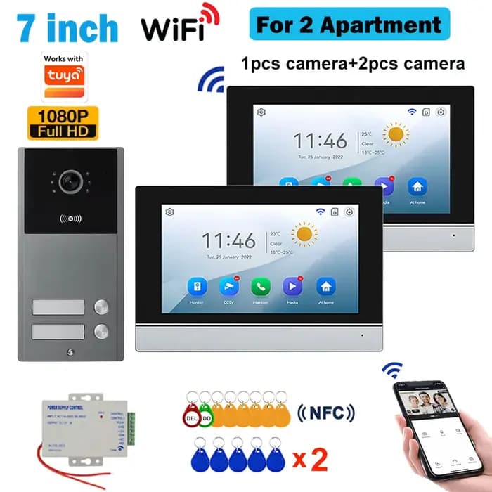 Interphone vidéo WiFi LCD 7 pouces 1080P pour appartements résidentiels 2/3/4 unités, système de vid